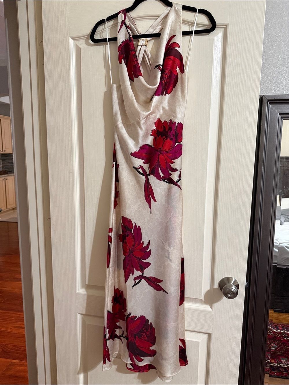 NWT Zara Silk-Look Ivory Floral Cowl Neck Slip Dress with Red Bloom Print